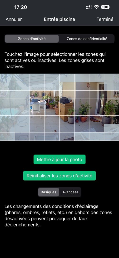 Zones d'activité et de confidentialité dans l'application